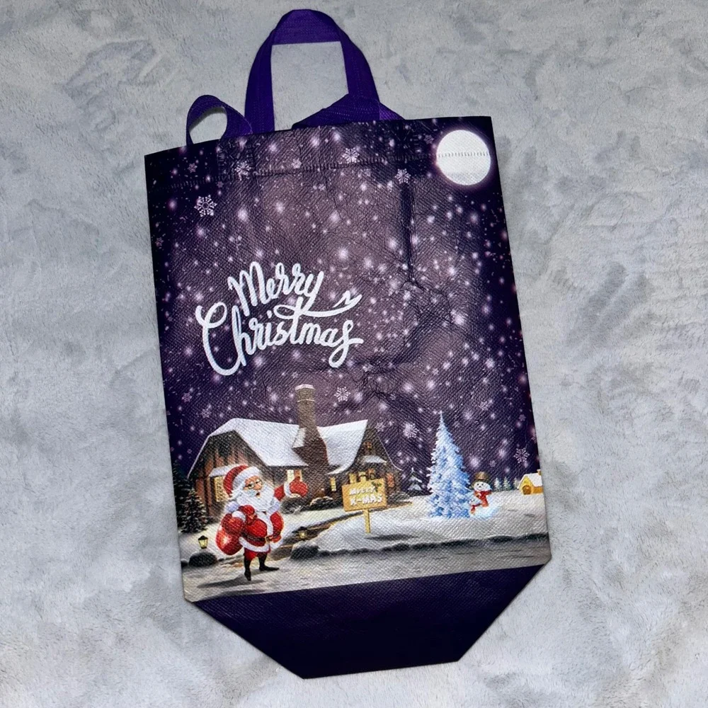 Purple Merry Christmas Reusable Gift Bag Santa Claus Winter Scene Tote